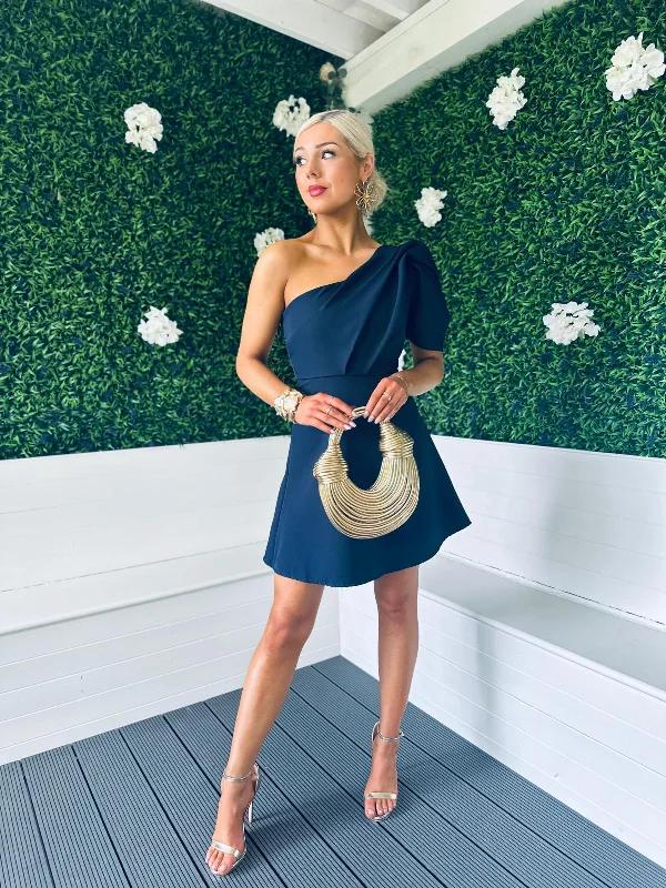 Trendy Street Style Caroline One Shoulder Occasion Mini Dress Navy