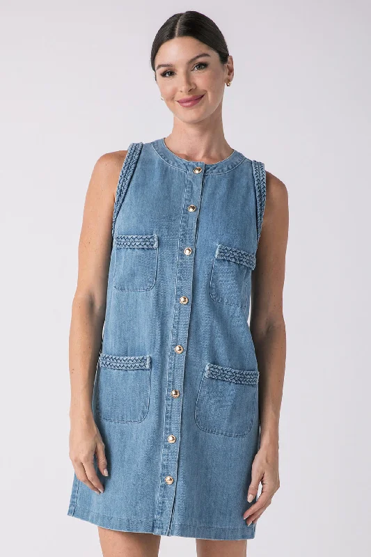 Casual Chic Lalavon Braided Denim Pocket Front Sleeveless Mini Dress