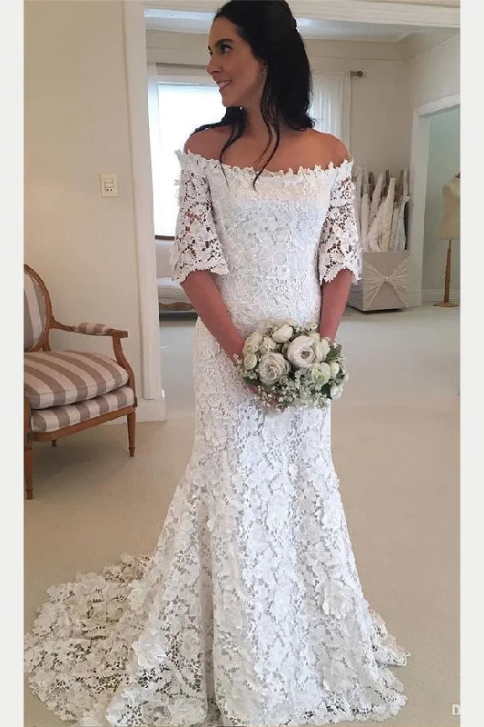 Dreamy Aesthetic Off the Shoulder Half Sleeves Lace Wedding Dresses