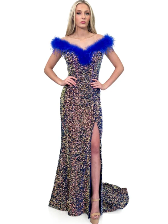 Latest Fashion Marc Defang 8145 size 4 Velvet Sequin Dress Feather off the shoulder Slit Pageant Gown Latest Fashion Marc Defang 8145 size 4 Velvet Sequin Dress Feather off the shoulder Slit Pageant Gown