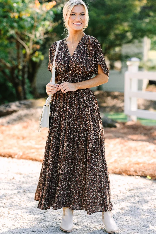 Playful Elegance Out In The Open Brown Ditsy Floral Maxi Dress