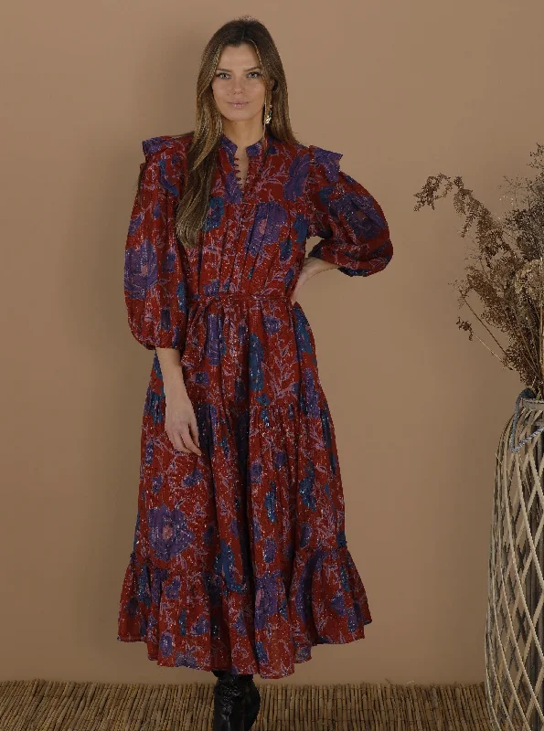 Summer Splash Sale Le Flacq Flounce Hem Prairie Maxi Dress in Burnt Sienna Mosaic