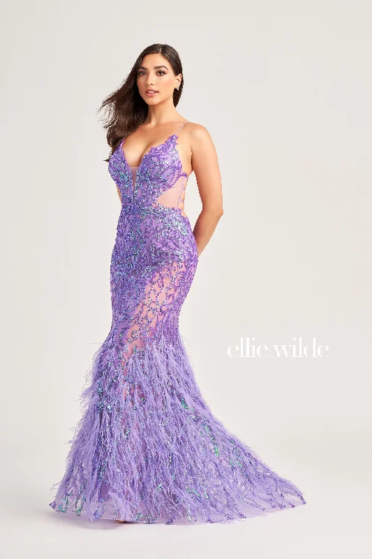 Colorful Clothing Ellie Wilde EW35006 Size 2 Iris Sheer Sequin Prom Dress Backless Gown Feather Skirt Formal Gown Colorful Clothing Ellie Wilde EW35006 Size 2 Iris Sheer Sequin Prom Dress Backless Gown Feather Skirt Formal Gown