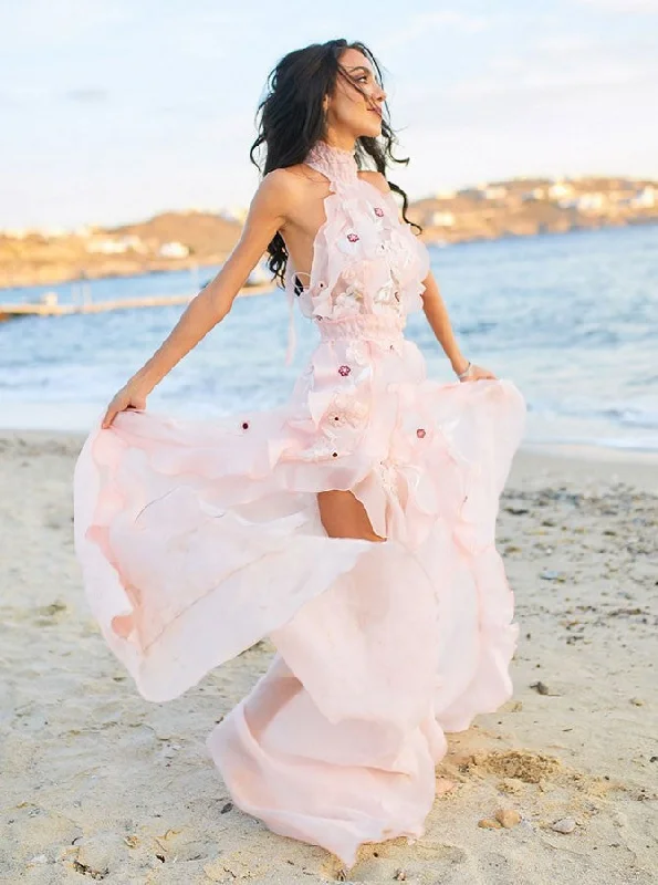 Trendy Clothing Sale Pink Halter Appliques Beach Wedding Dress Backless Wedding Gown OW603 Trendy Clothing Sale Pink Halter Appliques Beach Wedding Dress Backless Wedding Gown OW603
