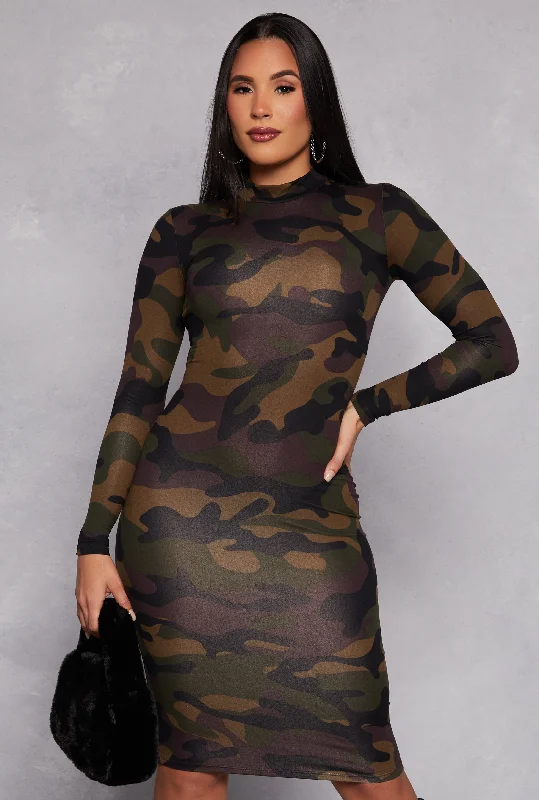 Floral Style Patterned Long Sleeve Midi Dress