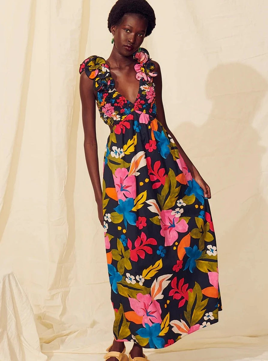 Feminine Flow Zaira Hawaiian Hibiscus Poplin Midi Dress