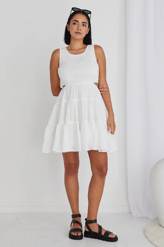 Graceful Drape Harley White Sleeveless Waist Cut Out Tiered Mini Dress
