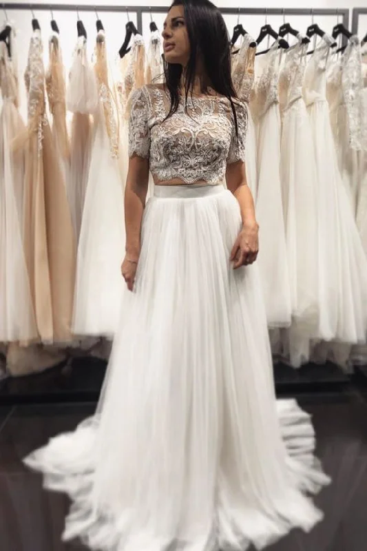 Top Deals long prom dress two piece white jewel 1/2 sleeves full length fanshion dress,applique lace tulle wedding dress cg19869 Top Deals long prom dress two piece white jewel 1/2 sleeves full length fanshion dress,applique lace tulle wedding dress cg19869