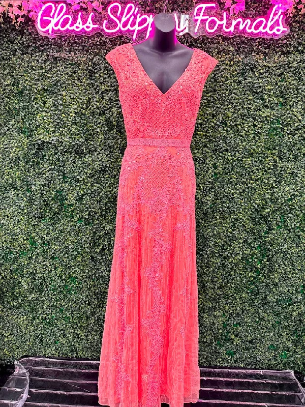 Contemporary Elegance Primavera Couture 3794 Size 2 Neon Coral Sequined Evening Gown Cap Sleeves Prom Dress Mid Back Contemporary Elegance Primavera Couture 3794 Size 2 Neon Coral Sequined Evening Gown Cap Sleeves Prom Dress Mid Back