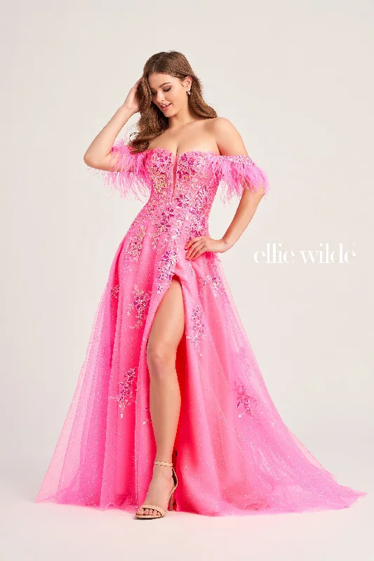 Season Sale Ellie Wilde EW35220 Size 12 Hot Pink Sequin A Line Maxi Slit Feather off the shoulder Prom Dress Shimmer Ball Gown Season Sale Ellie Wilde EW35220 Size 12 Hot Pink Sequin A Line Maxi Slit Feather off the shoulder Prom Dress Shimmer Ball Gown