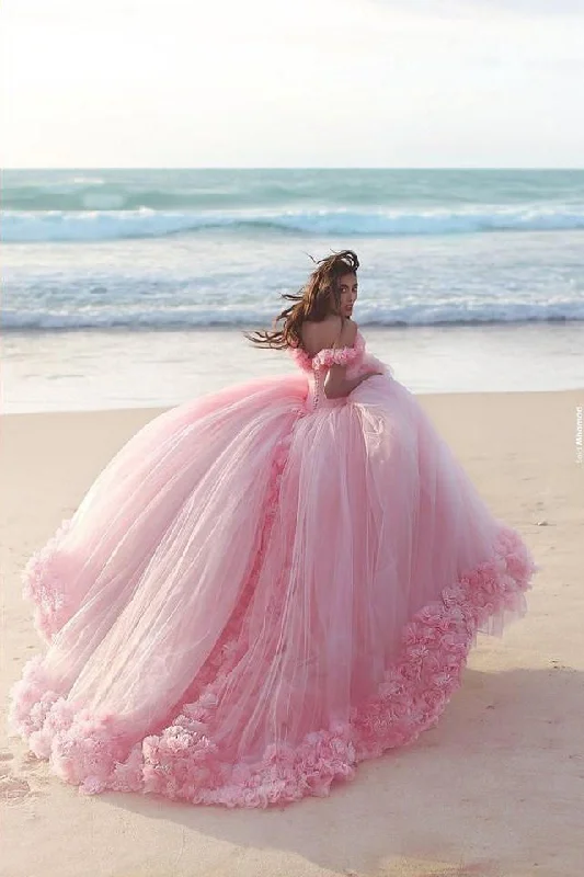 Trendy Women's Wear Pink Off the Shoulder Tulle Flower Wedding Dresses Ball Gowns Quinceanera Dresses N1261 Trendy Women's Wear Pink Off the Shoulder Tulle Flower Wedding Dresses Ball Gowns Quinceanera Dresses N1261