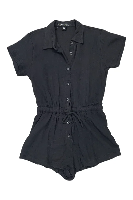 Mid - Week Surprise Black Gauze Button Up Short Sleeve Romper