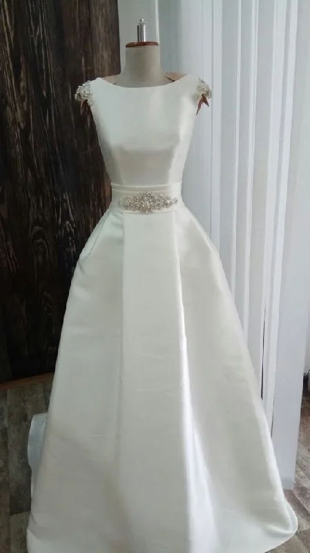Sophisticated Cut Open Back Wedding Dress embroidered simple modern satin prom dress sexy bow belt cg8938 Sophisticated Cut Open Back Wedding Dress embroidered simple modern satin prom dress sexy bow belt cg8938
