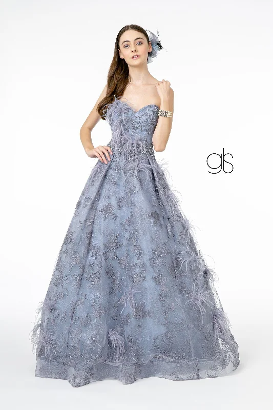 Evening Elegance Feather Embellished Strapless Ball Gown by Elizabeth K GL1834