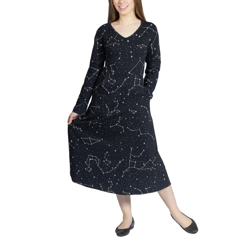 Rustic Countryside Charm Look Constellations Glow-in-the-dark Long Sleeves Midi Dress (With Waist Seam) Rustic Countryside Charm Look Constellations Glow-in-the-dark Long Sleeves Midi Dress (With Waist Seam)