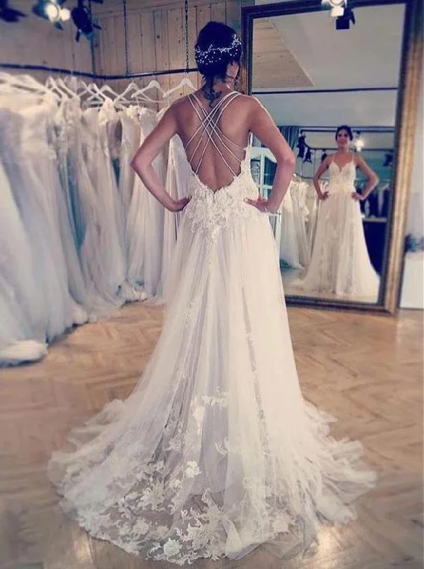 Save On Classic Elegant Styles A Line Spaghetti Straps Lace Appliques Backless Wedding Dresses OW646 Save On Classic Elegant Styles A Line Spaghetti Straps Lace Appliques Backless Wedding Dresses OW646