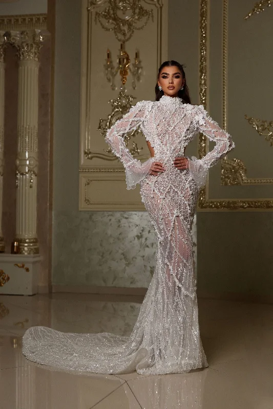 Grab Romantic Date - Night Styles Now High Neck Pearl Embellished Gown with Open Back Grab Romantic Date - Night Styles Now High Neck Pearl Embellished Gown with Open Back
