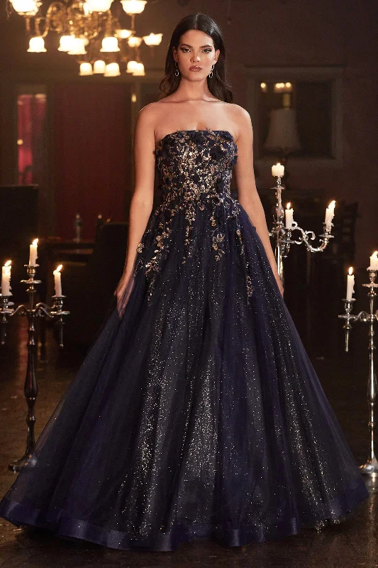 Discover Now Strapless Glitter Ball Gown by Cinderella Divine CD955