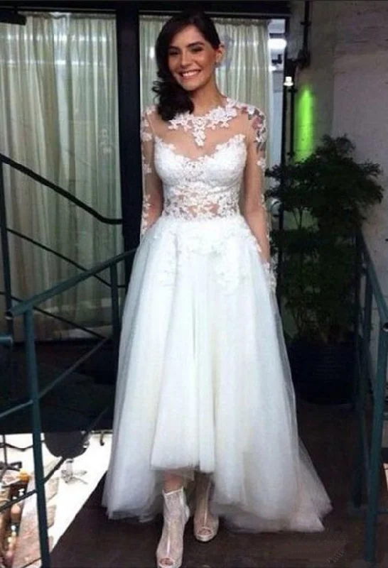 Feminine Charm Sheer Lace Appliqués High-Low Tulle Wedding Dress Prom Dresses, Long Evening Dress cg10720 Feminine Charm Sheer Lace Appliqués High-Low Tulle Wedding Dress Prom Dresses, Long Evening Dress cg10720