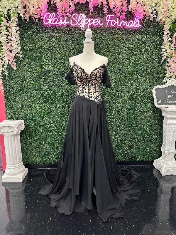 Casual Elegance Johnathan Kayne 2554 Size 4 Black Pageant Gown Prom Dress Sheer Lace A Line Layered Skirt Long Train Casual Elegance Johnathan Kayne 2554 Size 4 Black Pageant Gown Prom Dress Sheer Lace A Line Layered Skirt Long Train