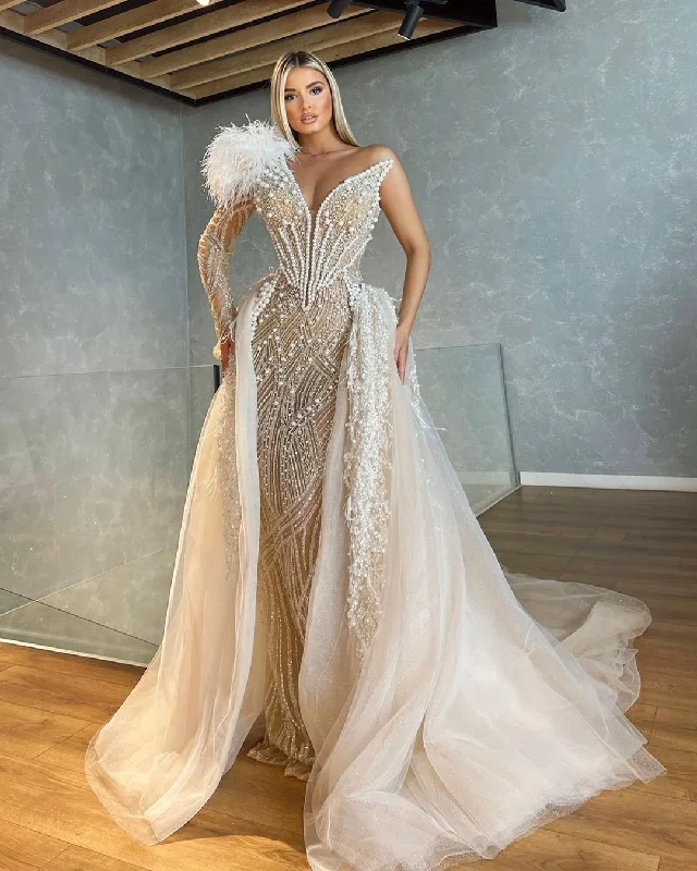 Seasonal Style Discounts One Shoulder Pearl Embellished Dress with Overskirt