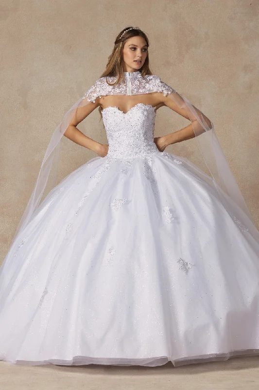 All Season Basics Discount Applique Strapless Cape Ball Gown by Juliet 1440