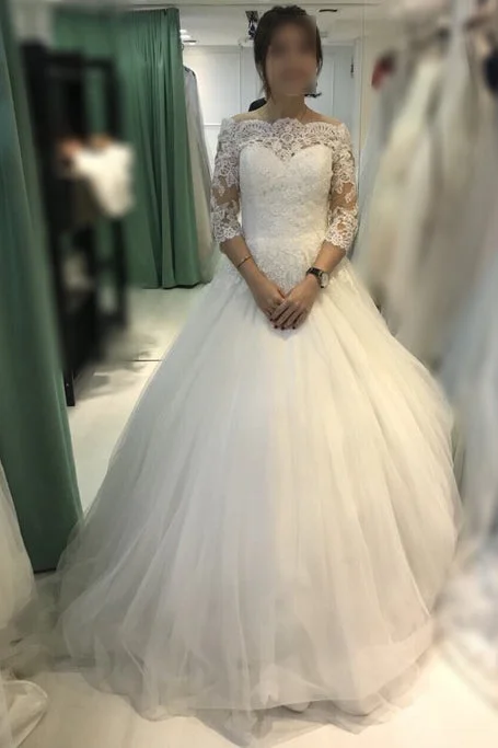 Chic Style Ball Gown Ivory Off-the-shoulder 3/4 Sleeves Tulle Bridal Dresses Lace Beach Wedding Dresses N409 Chic Style Ball Gown Ivory Off-the-shoulder 3/4 Sleeves Tulle Bridal Dresses Lace Beach Wedding Dresses N409