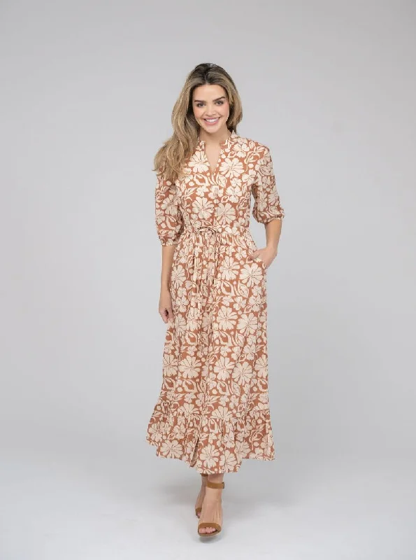 Graceful Movement The Lily Midi Dress | Tan Flower Power