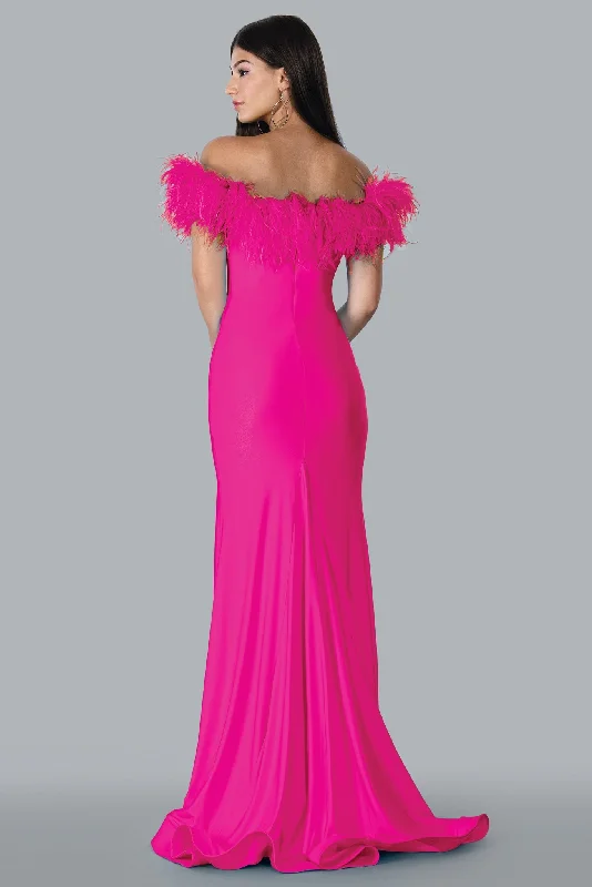 Fashion-Forward Stella Couture 23127 Size 8 Fuchsia Long Fitted off the Shoulder Feather Prom Dress slit Pageant Gown Fashion-Forward Stella Couture 23127 Size 8 Fuchsia Long Fitted off the Shoulder Feather Prom Dress slit Pageant Gown