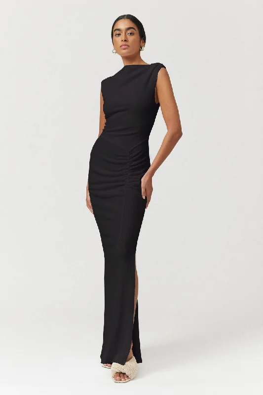 Find Your Unique Flair Jacqui Rouched Front Midi Dress  - Black