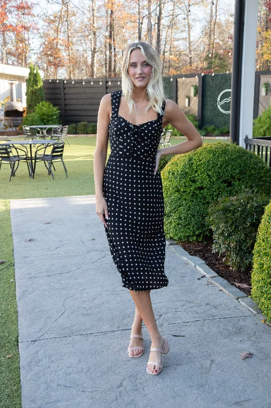 Holiday Sale Cami Bustier Midi Dress, Black/Cream Dot