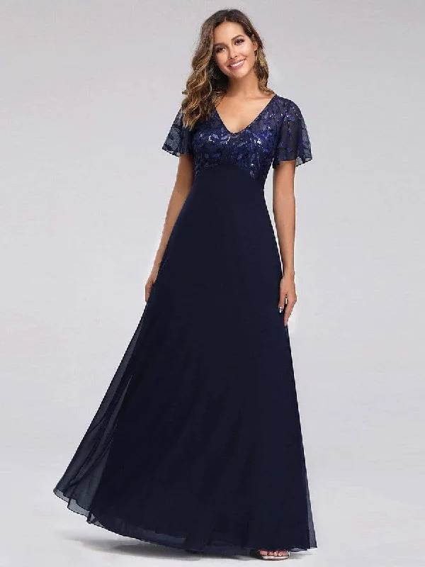 Bold Fashion Sequin Print Evening Party Dresses for Women with Cap Sleeve