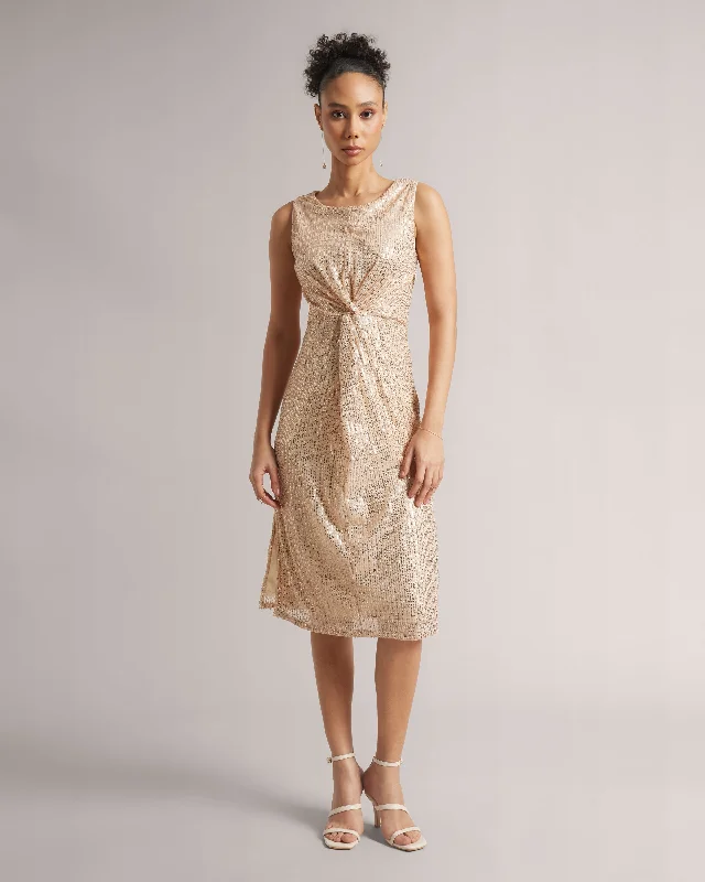Seasonal Sale Champagne Beige Front Knot Sequin Midi Dress With Side Slits