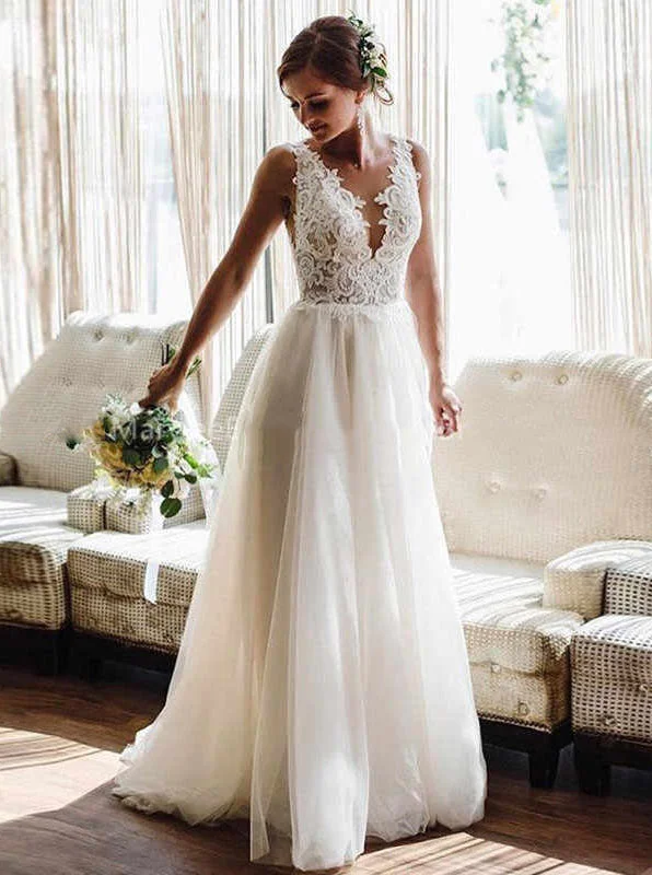 Feminine Elegance A-line Beach Wedding Dresses Boho Backless Lace Appliques Tulle Wedding Gowns OW660 Feminine Elegance A-line Beach Wedding Dresses Boho Backless Lace Appliques Tulle Wedding Gowns OW660