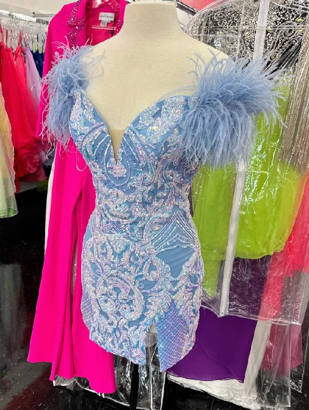 Graceful Drape Ava Presley 28212 Size 16 Light Blue Homecoming Dress Fitted Sequin Cocktail Gown off the Shoulder Feather Graceful Drape Ava Presley 28212 Size 16 Light Blue Homecoming Dress Fitted Sequin Cocktail Gown off the Shoulder Feather