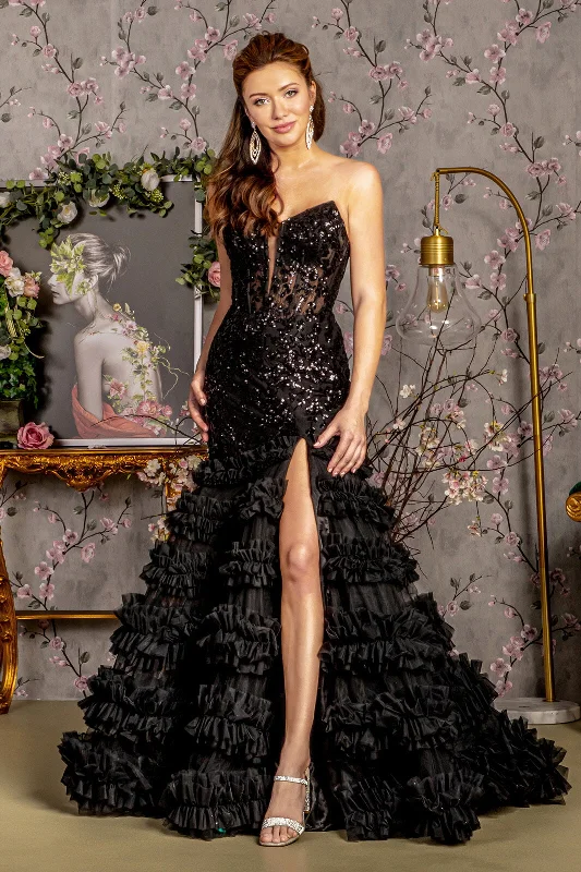 Budget Friendly Fitted Sequin Strapless Ruffled Slit Gown by GLS Gloria GL3315
