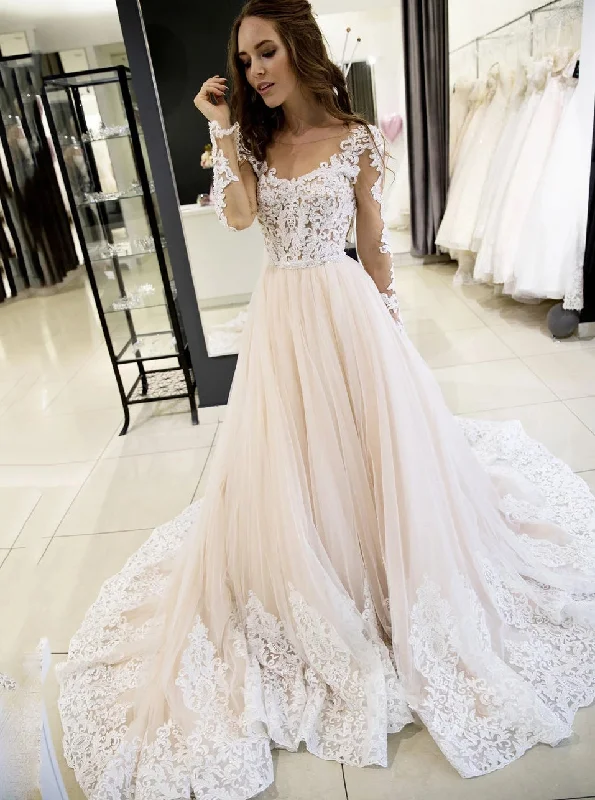 Wardrobe Upgrade Sheer Round Neckline Tulle Lace Appliques Long Sleeves Wedding Dresses OW616 Wardrobe Upgrade Sheer Round Neckline Tulle Lace Appliques Long Sleeves Wedding Dresses OW616