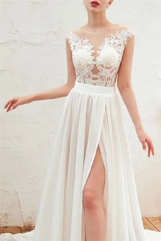 Limited Time Deal Illusion Neck Lace Top White Wedding Dress with Slit Prom Dress cg23467 Limited Time Deal Illusion Neck Lace Top White Wedding Dress with Slit Prom Dress cg23467