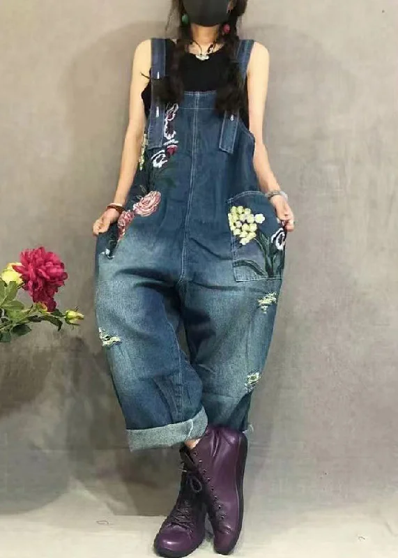 Feminine Flow New Blue Embroidered Pockets Denim Jumpsuit Summer