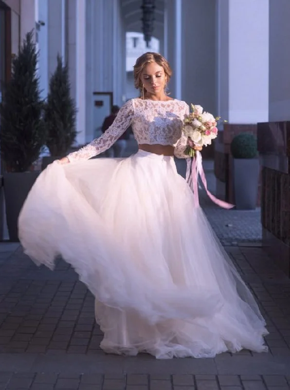 Contemporary Chic Tulle Boho Wedding Dresses Two Piece Lace Long Sleeves Bridal Gown OW668 Contemporary Chic Tulle Boho Wedding Dresses Two Piece Lace Long Sleeves Bridal Gown OW668