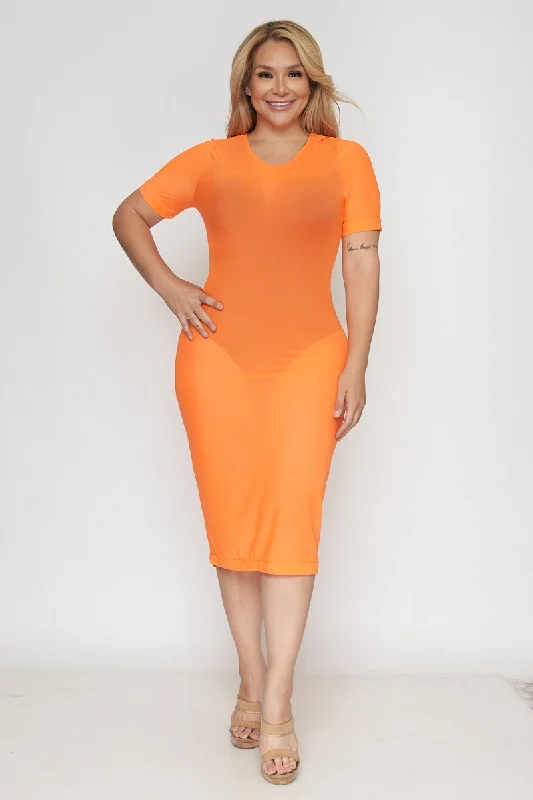 Fashion Deal Plus Size See-Trough Short Sleeve Midi Dress in Neon "Undershirt Not Included" (D1044)