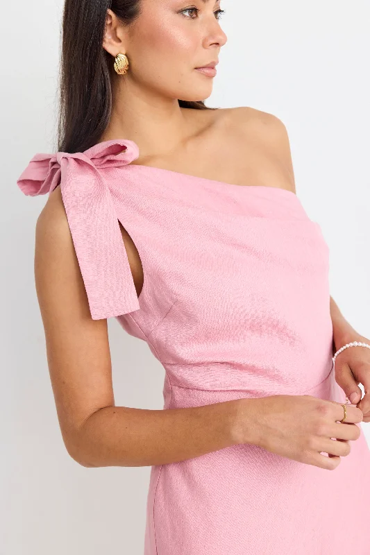 Lighten Up With Nordic Styles Ecstatic Blush Linen Blend One Shoulder Bow Mini Dress