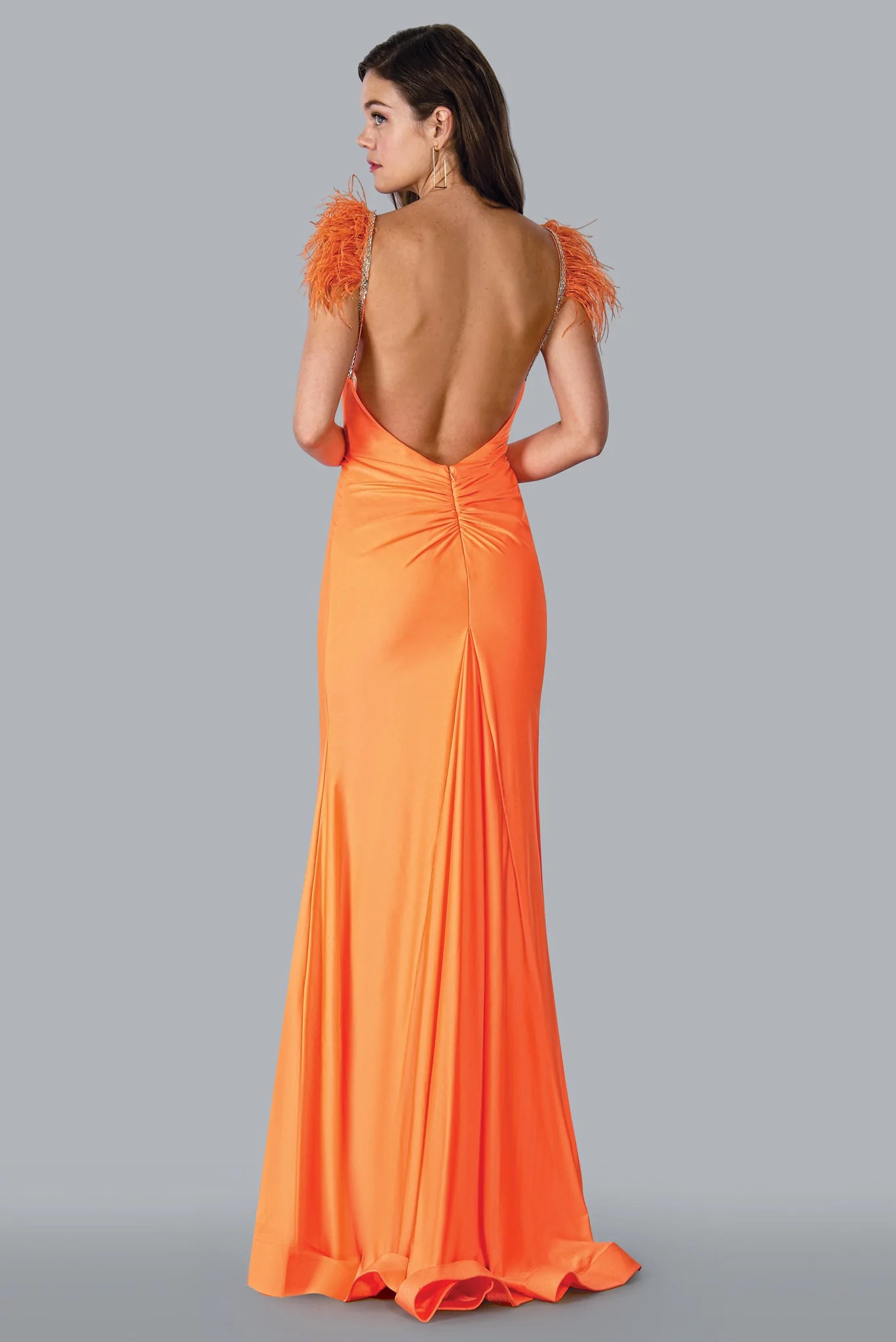 Spring Wardrobe Stella Couture 23125 Size 2 Orange Long Fitted Crystal Feather Strap Prom Dress Backless Formal Gown Spring Wardrobe Stella Couture 23125 Size 2 Orange Long Fitted Crystal Feather Strap Prom Dress Backless Formal Gown