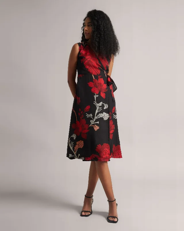 Wardrobe Refresh Charcoal Black Fiery Print Wrap Midi Dress