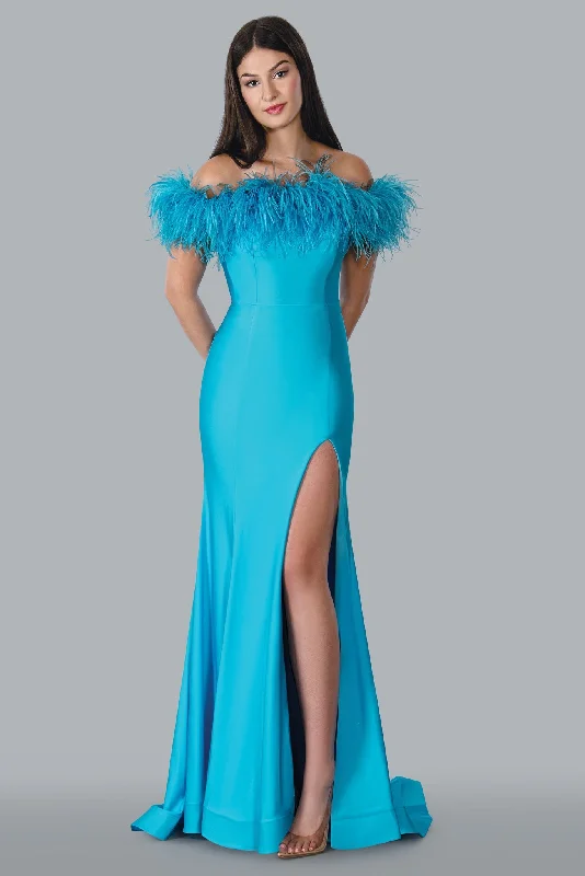 Special Occasion Wear Stella Couture 23127 Size 10 Turquoise Long Fitted off the Shoulder Feather Prom Dress slit Pageant Gown Special Occasion Wear Stella Couture 23127 Size 10 Turquoise Long Fitted off the Shoulder Feather Prom Dress slit Pageant Gown