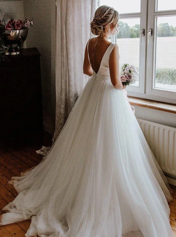 Minimalist Chic Elegant Round Neck V-back Tulle Ivory Wedding Dresses With Bowknot OW665 Minimalist Chic Elegant Round Neck V-back Tulle Ivory Wedding Dresses With Bowknot OW665