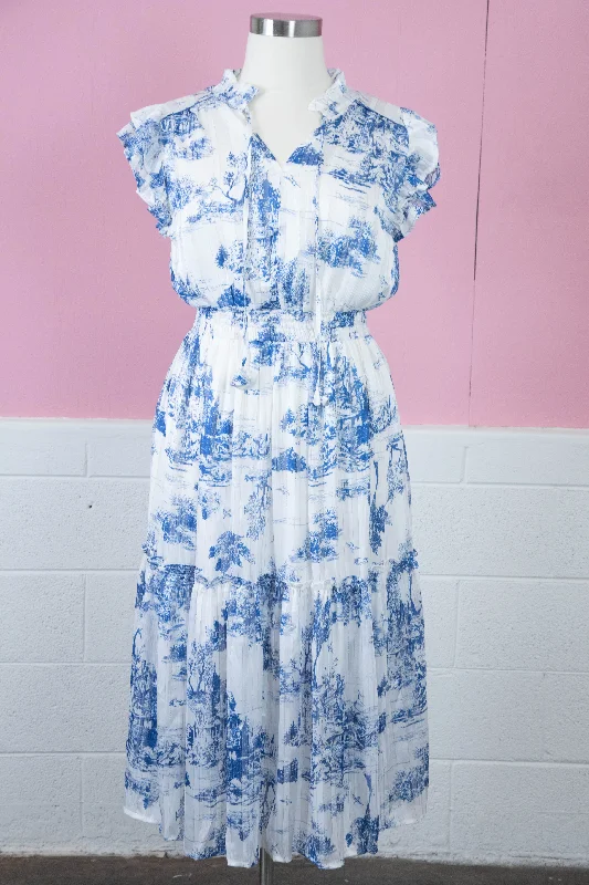 Score Big On Glamorous Red - Carpet Styles Jodie Landscape Print Midi Dress, Blue Mix | Plus Size Score Big On Glamorous Red - Carpet Styles Jodie Landscape Print Midi Dress, Blue Mix | Plus Size
