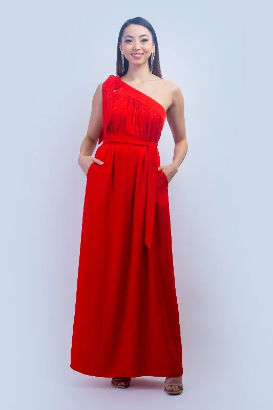 Coastal Beach - Inspired Style Red One Shoulder Relax Maxi Dress