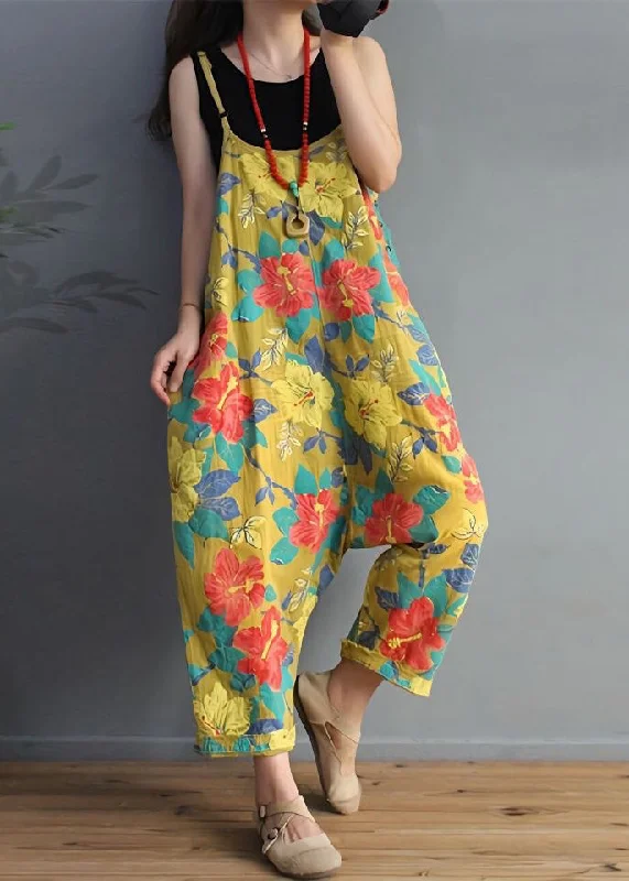Effortless Sophistication Chic Yellow Print High Waist Cotton Jumpsuit Sleeveless