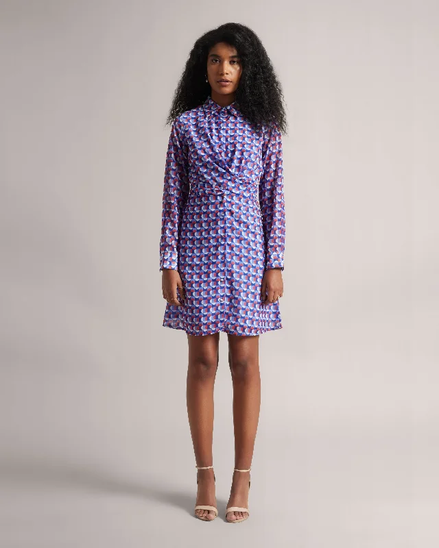 Chic Style Multicolor Geometry Back Tie-Up Shirt Midi Dress